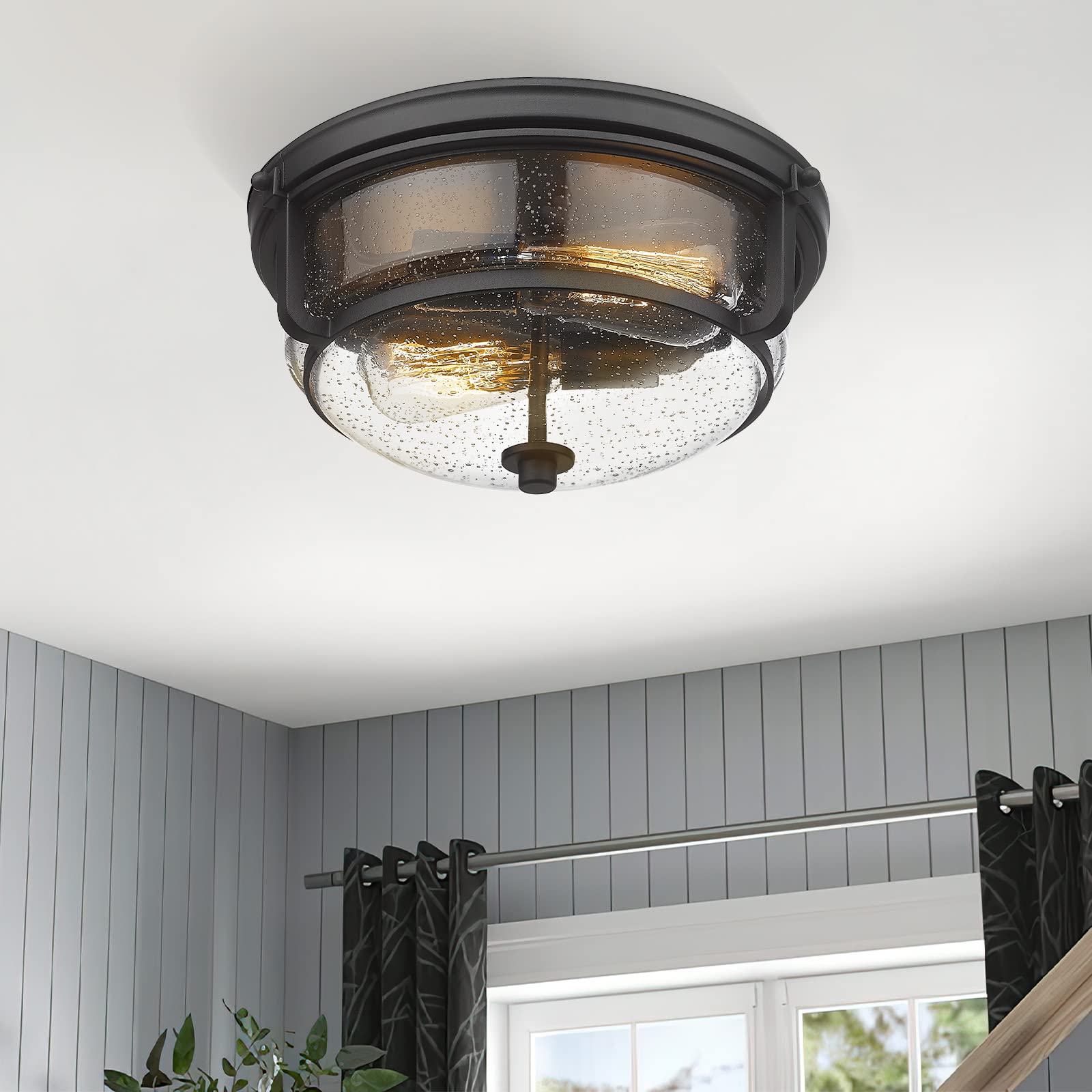 Emliviar Farmhouse Ceiling Light - 12 Inch Close-to-Ceiling Fixture With Seeded Glass & Oil Rubbed Bronze Finish - View #3