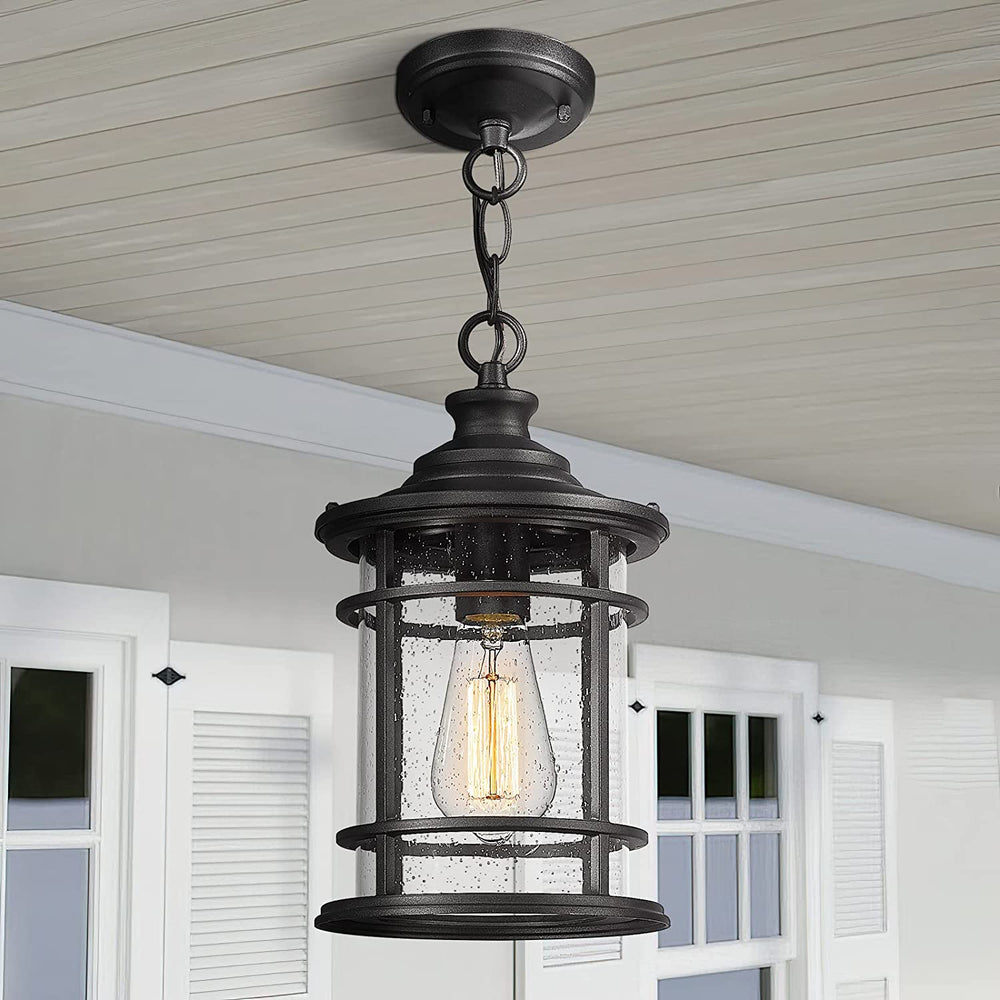 
                  
                    Emliviar Outdoor Hanging Pendant Light - 12 Inch Hanging Lantern for Front Porch, Seeded Glass Shade in Black Finish,XE229H BK
                  
                