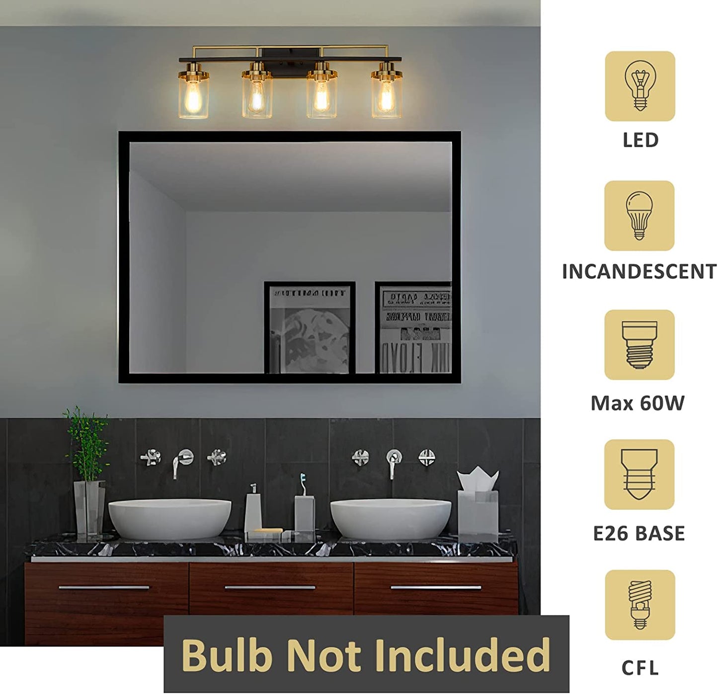 
                  
                    Emliviar Modern Bathroom Vanity Light - 4-Light Wall Lights for Bathroom, Black and Gold Finish with Clear Glass,YCE238B-4W BK+BG
                  
                