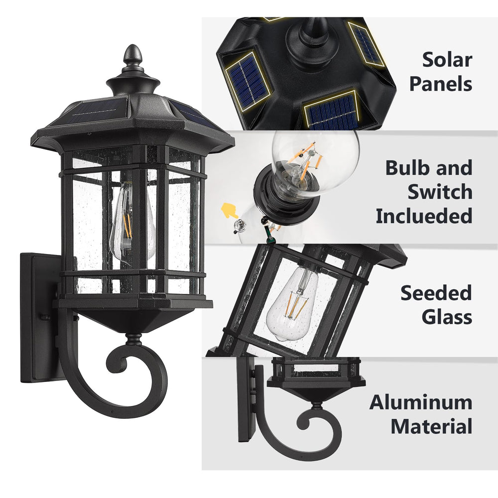 
                  
                    Emliviar Solar LED Wall Light Outdoor,Dusk to Dawn Solar Porch Light with Remote Control, Black Finish with Seeded Glass, Bulb Included, 22021M-SL BK
                  
                