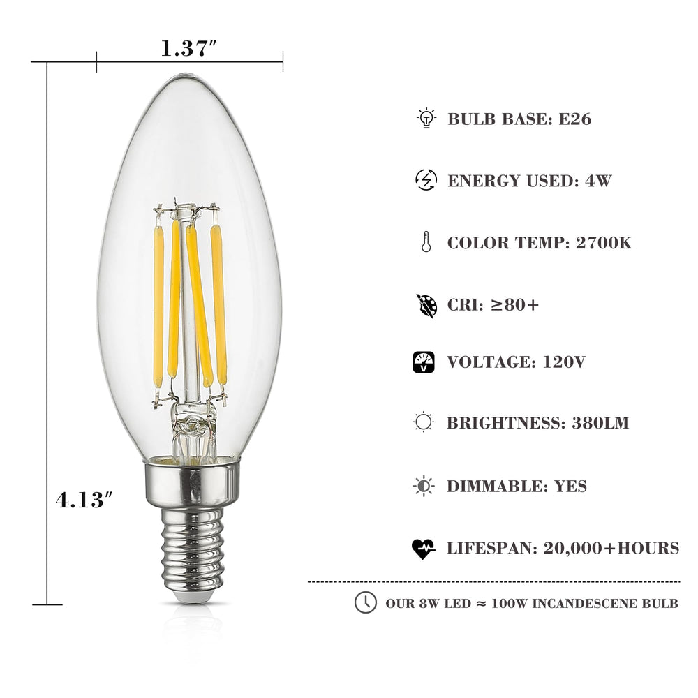 
                  
                    FEMILA 6-Pack Dimmable E12 LED Candelabra Bulbs 25Watt Equivalent, 2700K Warm White, 380Lumens, 4W B11 Vintage Chandelier Light Bulbs, 4FC35-E12 LED-4W
                  
                