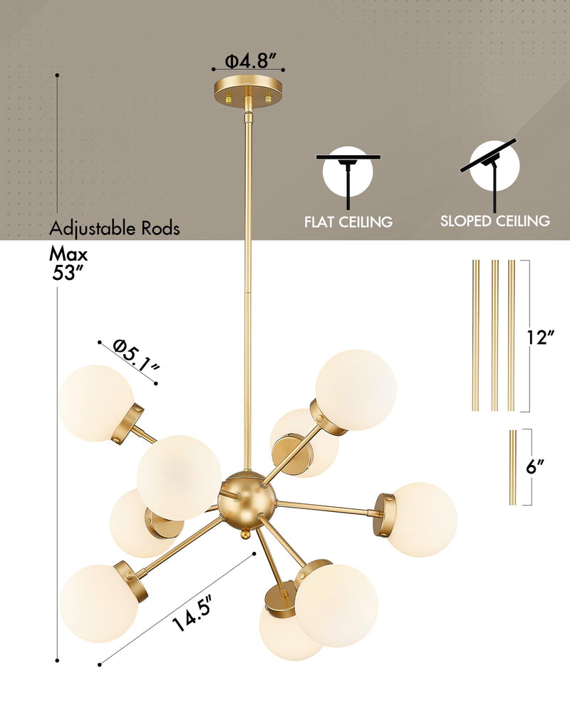 
                  
                    FEMILA Sputnik Chandelier, Champagne Gold Pendant Light Fixtures, 9-Light Mid Century Modern Chandelier with Frosted Glass Shade for Kitchen, Dining Room, Living Room, 4FJF71-9 CG
                  
                