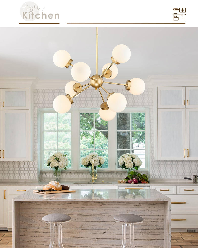 
                  
                    FEMILA Sputnik Chandelier, Champagne Gold Pendant Light Fixtures, 9-Light Mid Century Modern Chandelier with Frosted Glass Shade for Kitchen, Dining Room, Living Room, 4FJF71-9 CG
                  
                