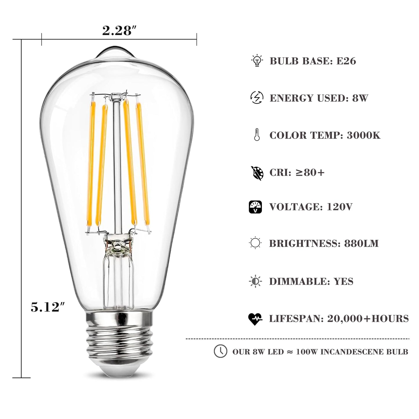 
                  
                    FEMILA LED Bulbs, 4-Pack LED Light Bulbs 8W, Dimmable LED Bulbs, E26 Edison LED Bulbs, Warm White 2700K, High Brightness 950 LM, 100 Watt Equivalent, 4FST58-LED-8W
                  
                