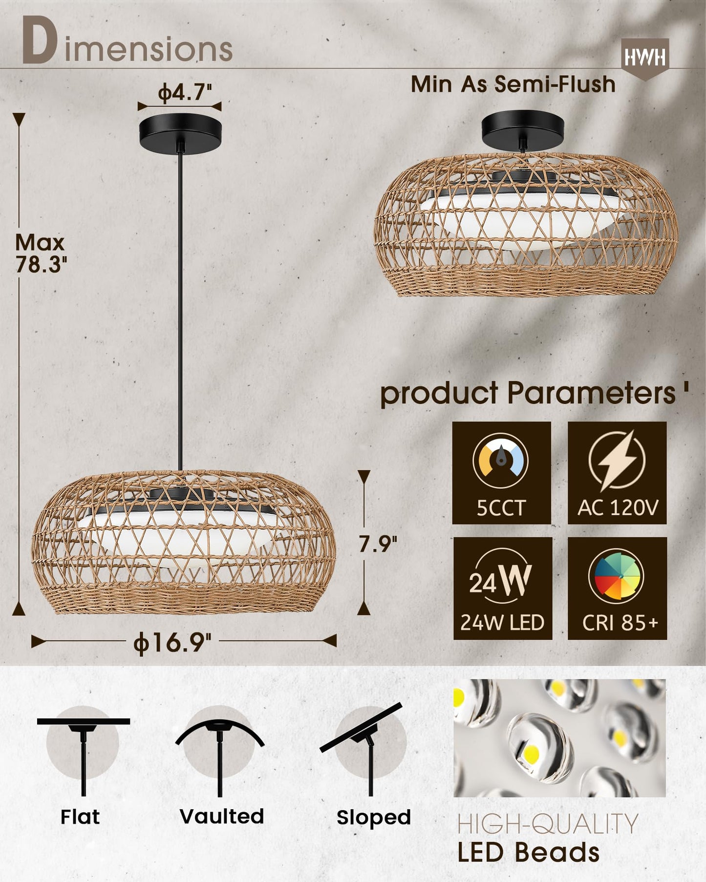 
                  
                    HWH Rattan Pendant Lights Boho Chandelier 17'' LED Pendant Light Fixtures Kitchen Island, Cage Basket Hanging Light Fixture, Hand-Woven Coastal Pendant Lighting, 5HJF81MIL-LED BK
                  
                