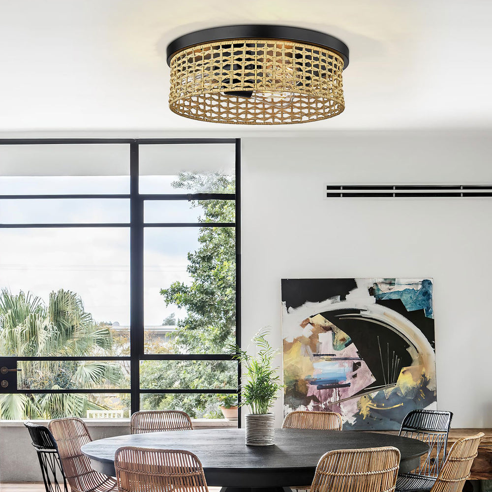HWH 3 Light Flush Mount Ceiling Light 16 Rattan Light Fixtures Ceiling Farmhouse Woven Boho Light Fixture Ceiling Mount Coastal Lighting Fixtures for Hallway Bedroom Nursery 5HJF87MF BK