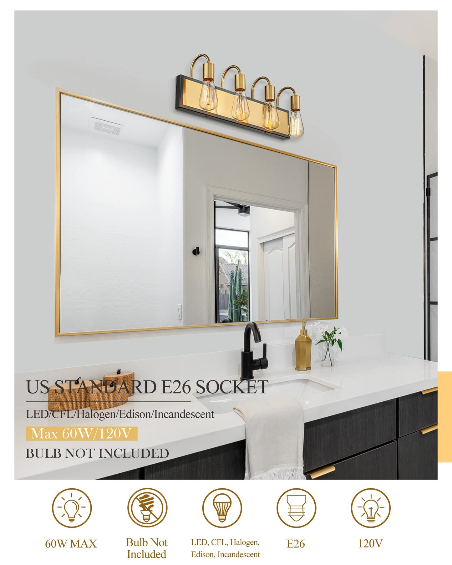 
                  
                    HWH 4-Light Vanity Light Fixture, Modern Bathroom Vanity Light, Indoor Wall Lamp for Bedroom, Living Room, Brushed Gold and Black Finish, 5HLT69B-4W BG
                  
                