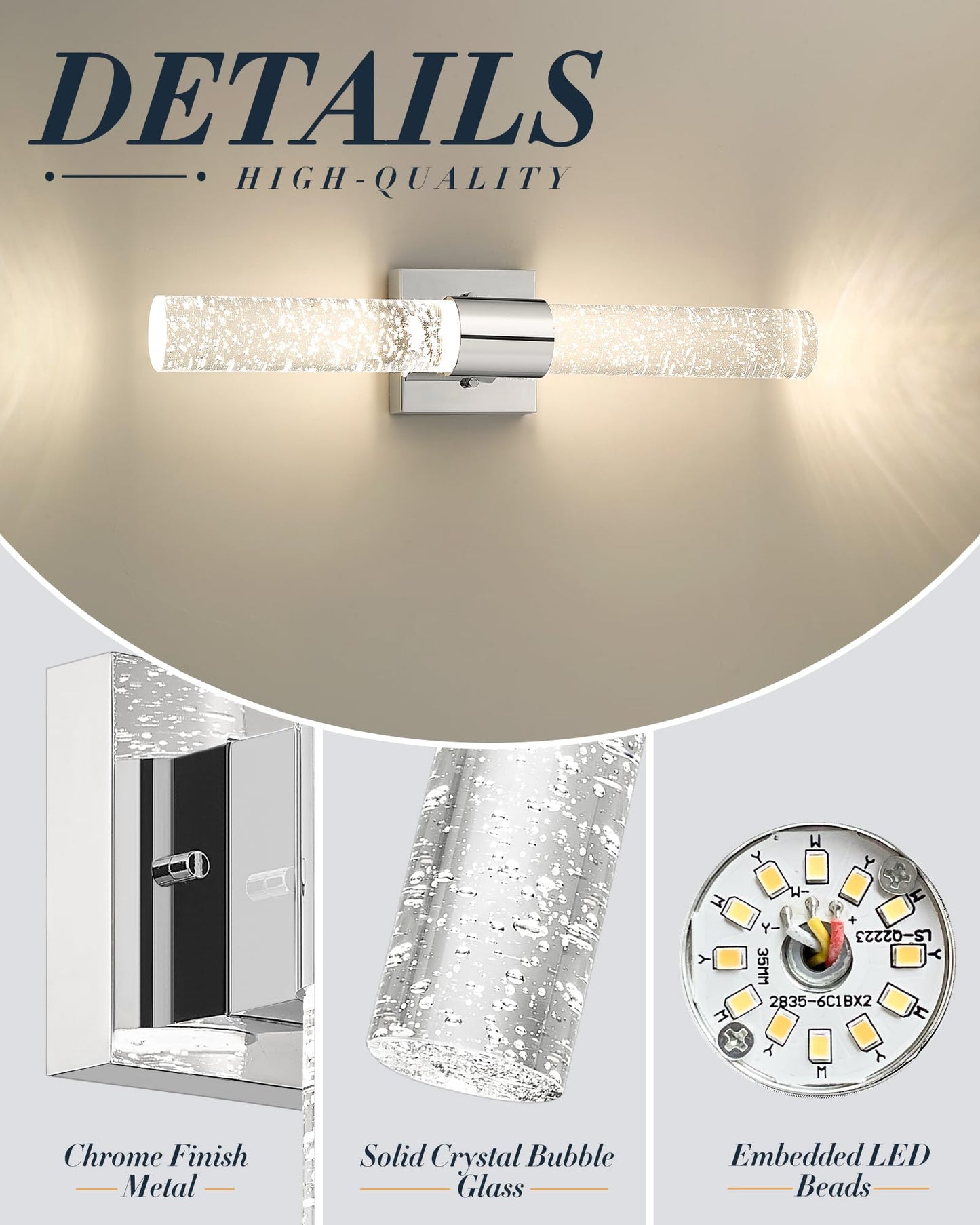 
                  
                    HWH Chrome Vanity Lights, LED Bathroom Lights Over Mirror 11W with Bubble Glass, Modern Wall Sconce Crystal Wall Light Fixtures, 3000K/4000K/5000K Dimmable, 5HW76B-LED CH
                  
                
