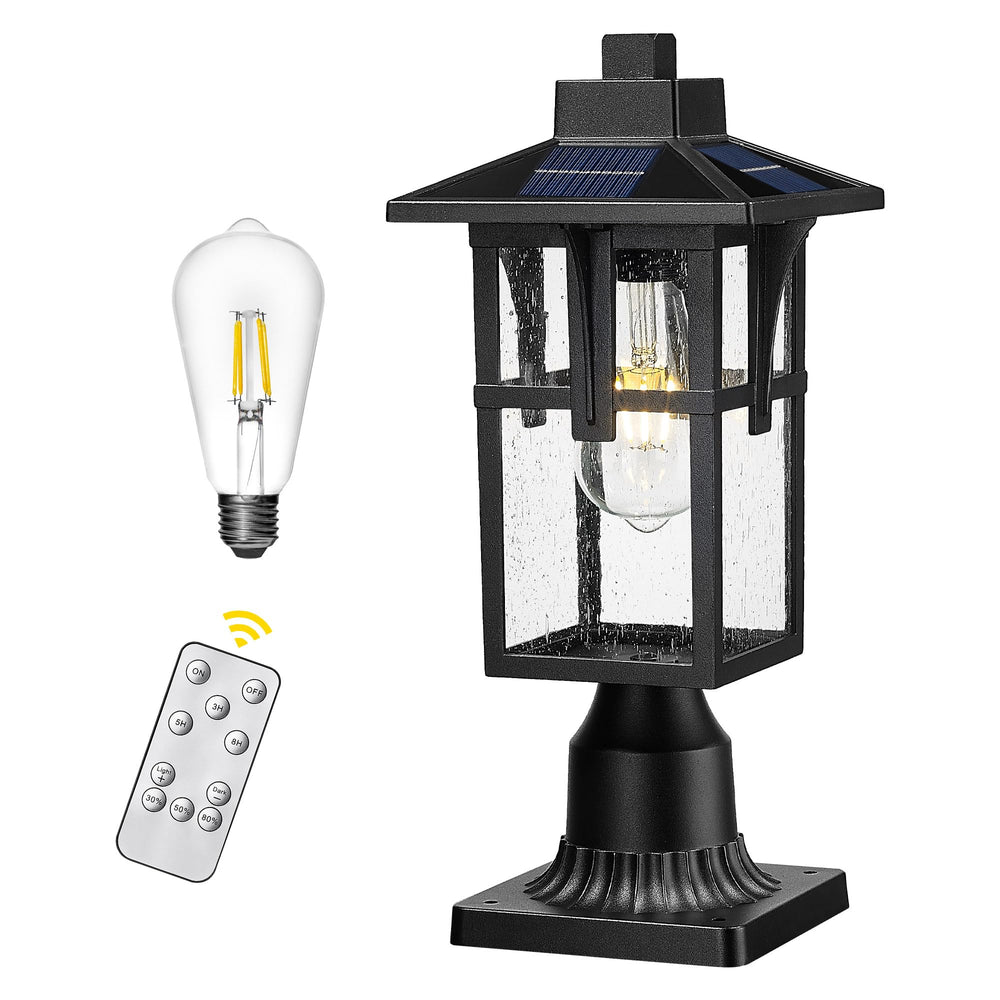 HWH Solar Post Lights, Dusk to Dawn Outdoor Lamp Post Light Fixture 2700K with Pier Mount Base, Remote Control Exterior Pillar Lantern Black Finish and Seeded Glass, 5HX62P-SL BK