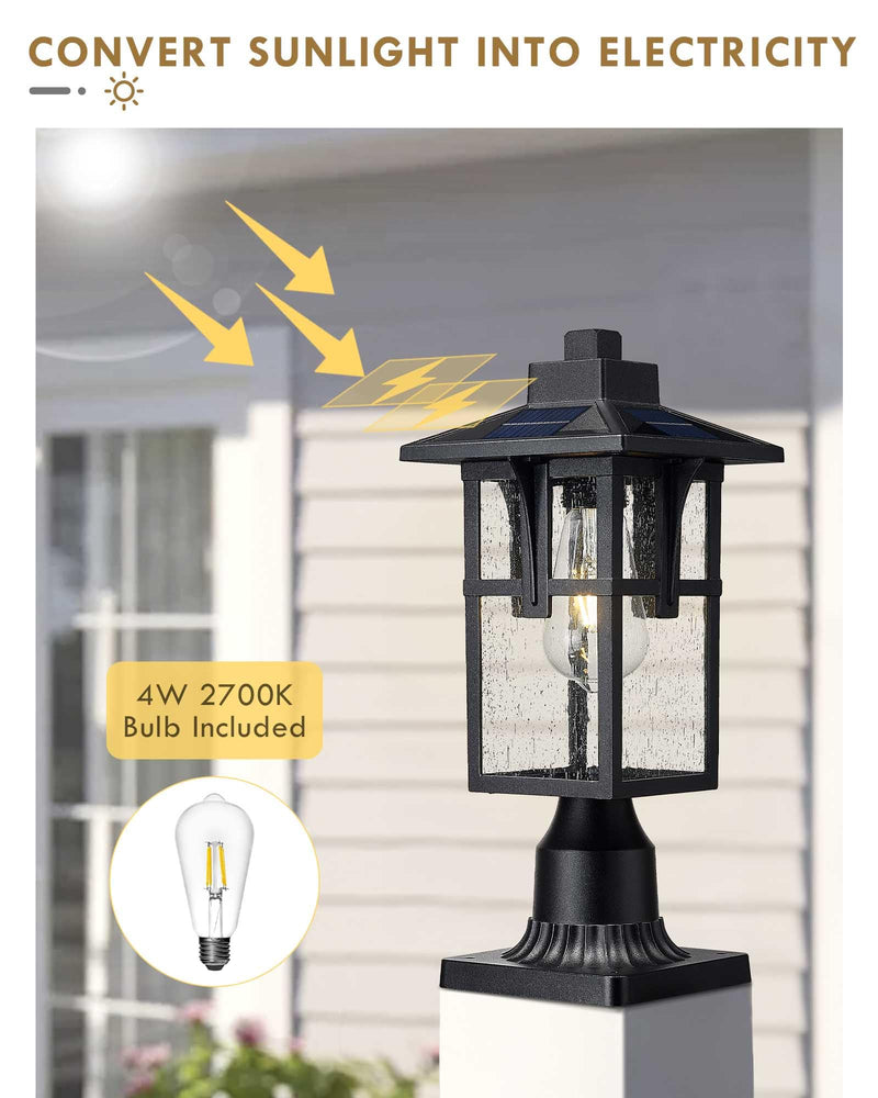 
                  
                    HWH Solar Post Lights, Dusk to Dawn Outdoor Lamp Post Light Fixture 2700K with Pier Mount Base, Remote Control Exterior Pillar Lantern Black Finish and Seeded Glass, 5HX62P-SL BK
                  
                