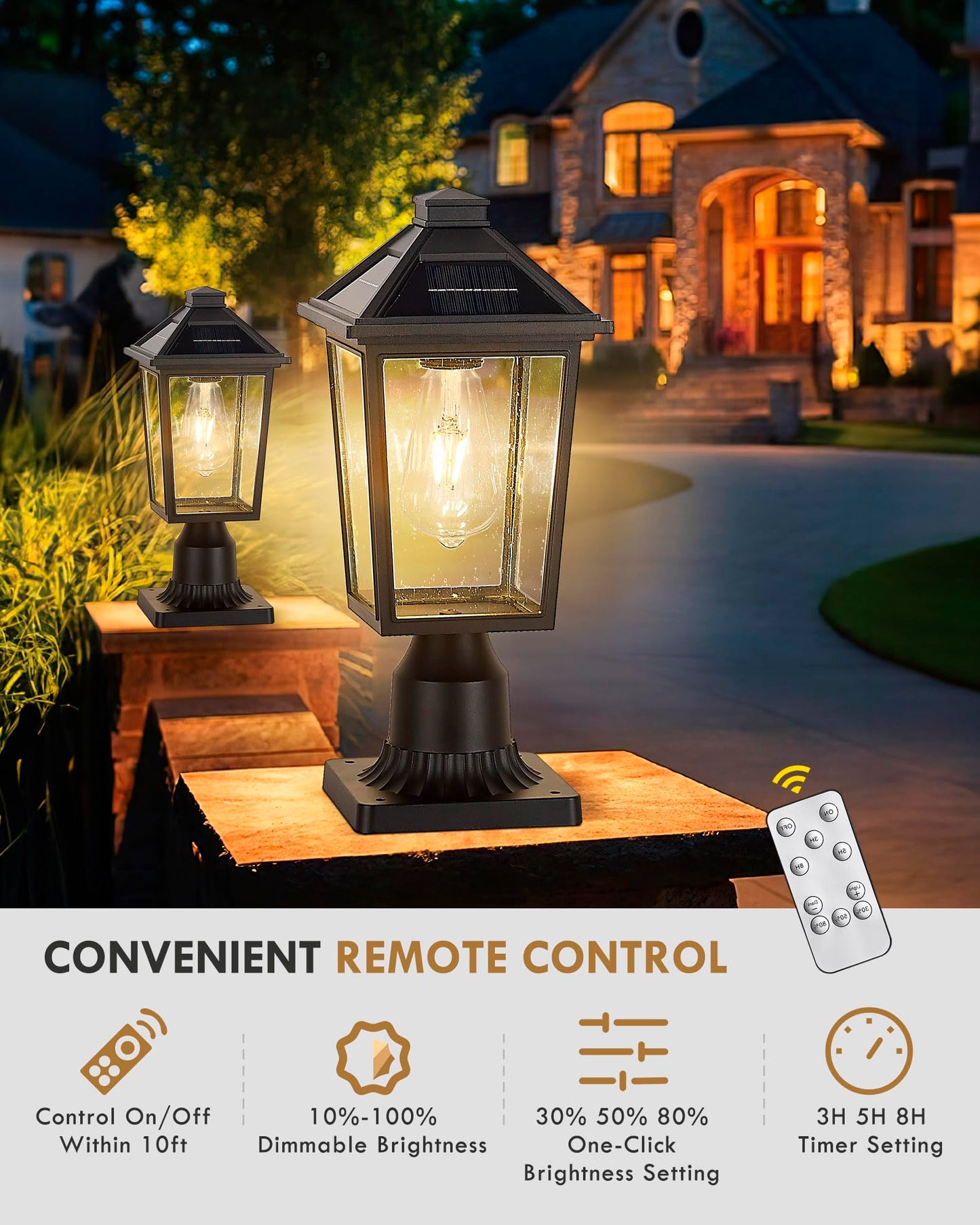 
                  
                    HWH Solar Lamp Post Light, Dusk to Dawn Outdoor Post Light Fixtures with Pier Mount Base, 2700K Exterior Pillar Lantern Pole Lamp Remote Control, Black Finish with Seeded Glass, 5HX64P-SL BK
                  
                