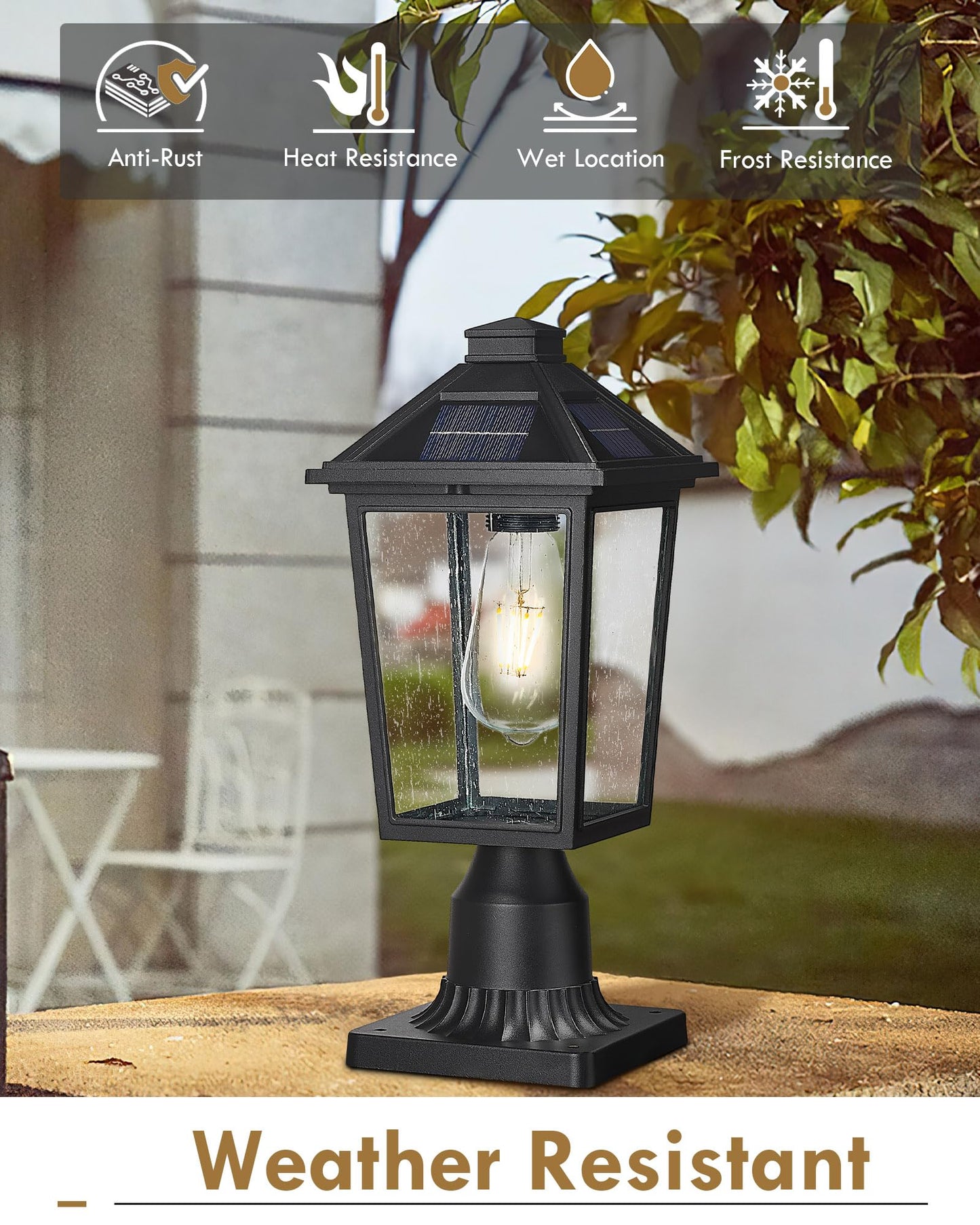 
                  
                    HWH Solar Lamp Post Light, Dusk to Dawn Outdoor Post Light Fixtures with Pier Mount Base, 2700K Exterior Pillar Lantern Pole Lamp Remote Control, Black Finish with Seeded Glass, 5HX64P-SL BK
                  
                