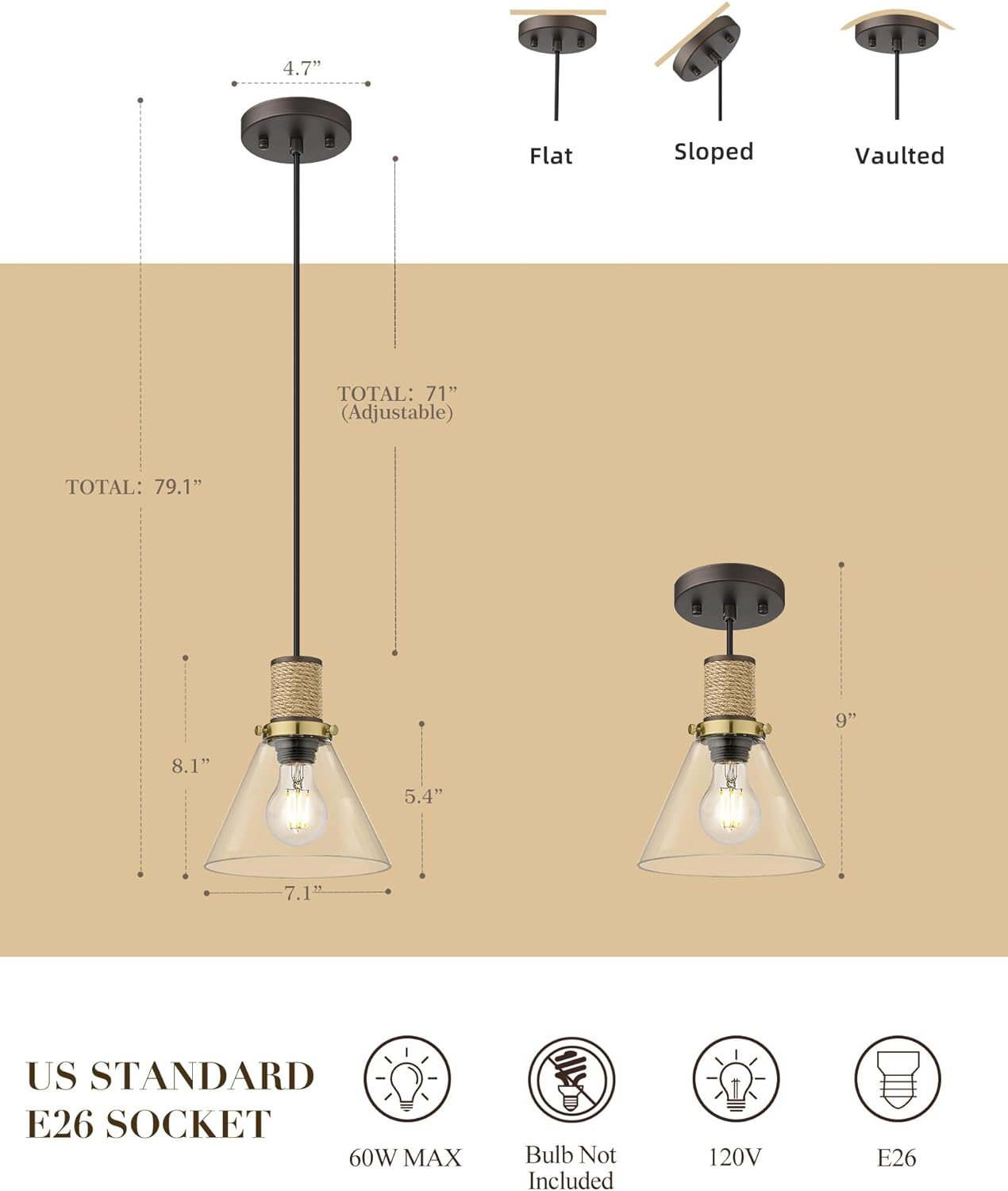 
                  
                    HWH Glass Pendant Lights Kitchen Island, 1-Light Hanging Light Fixtures 8'' Farmhouse Pendant Lighting Over Island, Flared Glass Shade, Oil-Rubbed Bronze and Brass Finish, 5HZG92MIL ORB+BG
                  
                