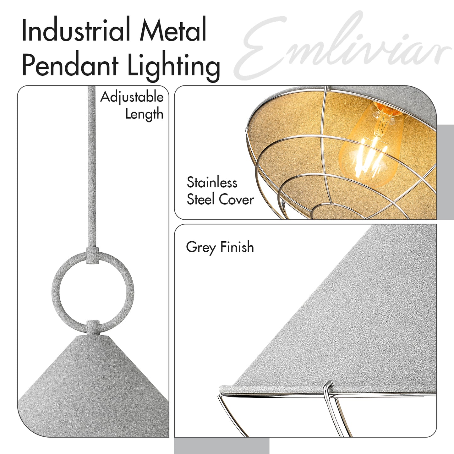 
                  
                    Emliviar 9.6" Industrial Pendant Light Fixture, 1-Light Dome Hanging Lights for Living Room, Frosted Grey Finish with Metal Shade, YSE278MIL Grey
                  
                