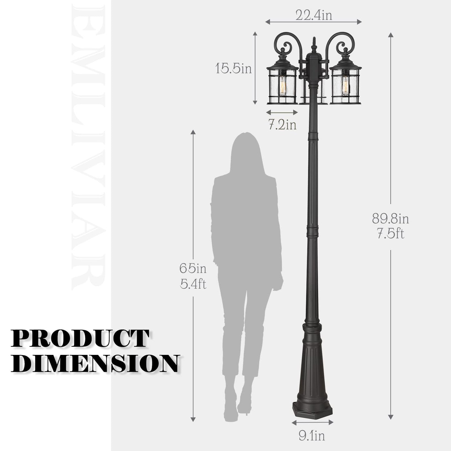 
                  
                    Emliviar Industrial Street Light, 3-HeadOutdoor Post Lamp for Driveway House, Carriage Lantern Lamp Aluminum with Seeded Glass, Black Finish, XE229PL-3 BK
                  
                