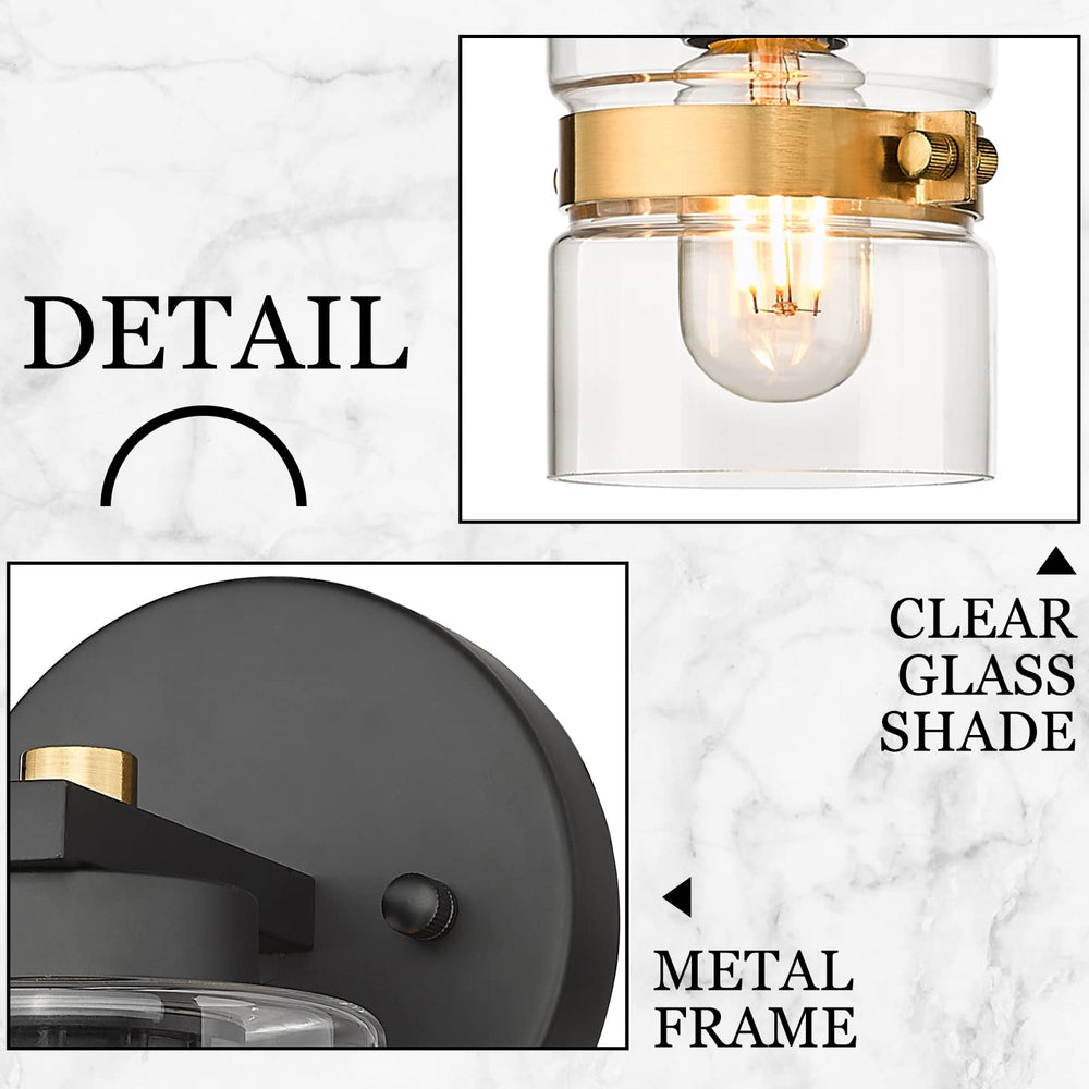 
                  
                    Emliviar 1-Light Modern Bathroom Vanity Light Fixture, Single Sconce Wall Lighting with Clear Glass in Black and Gold Finish, JE258B BK+BG
                  
                