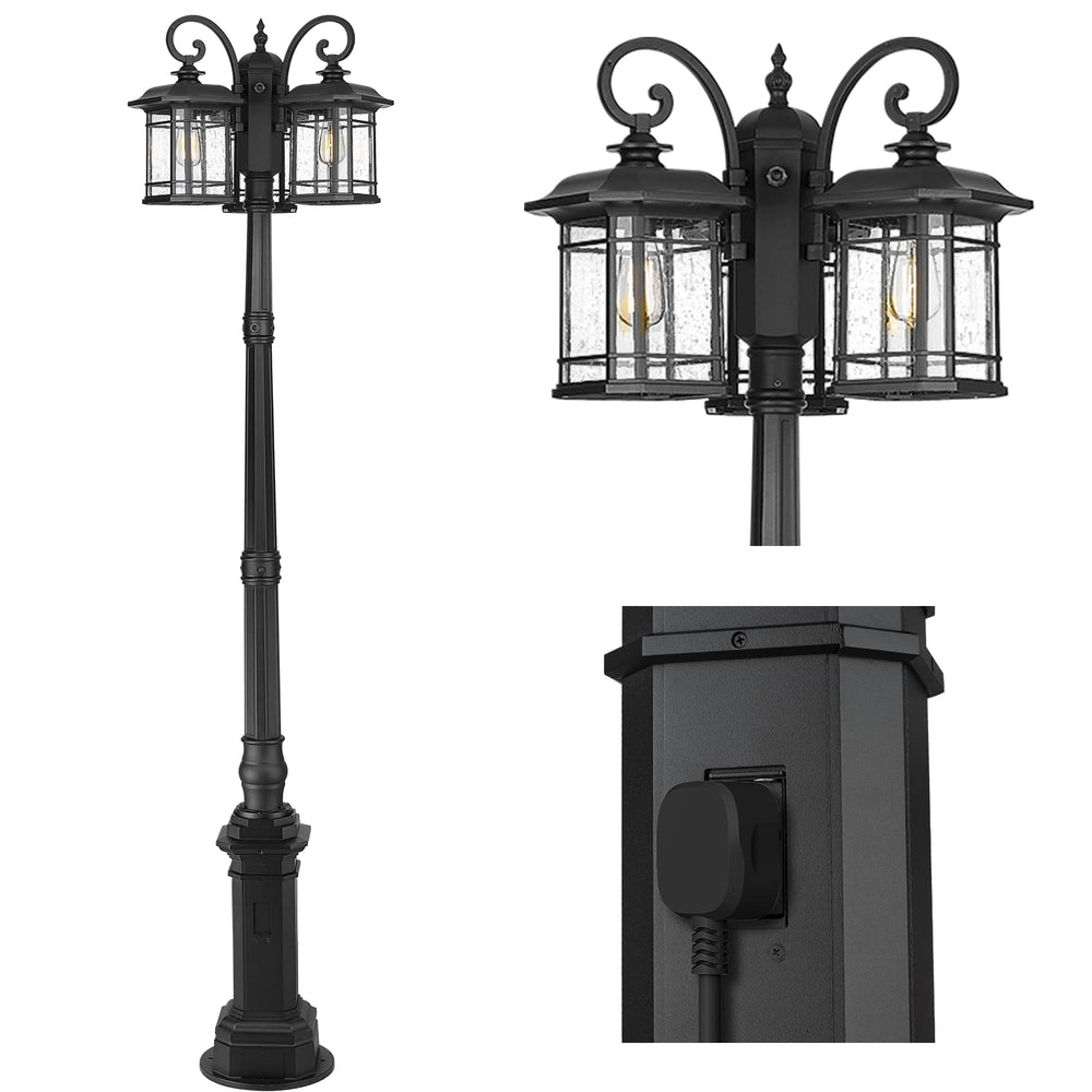 Emliviar Dusk to Dawn Outdoor Lamp Post Light, 3-Light Street Pole Light Fixture with GFCI Outlet, 98