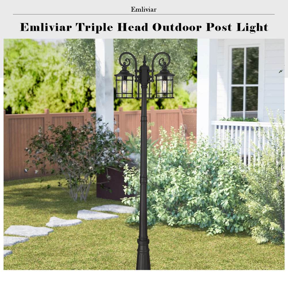 
                  
                    Emliviar Industrial Street Light, 3-HeadOutdoor Post Lamp for Driveway House, Carriage Lantern Lamp Aluminum with Seeded Glass, Black Finish, XE229PL-3 BK
                  
                