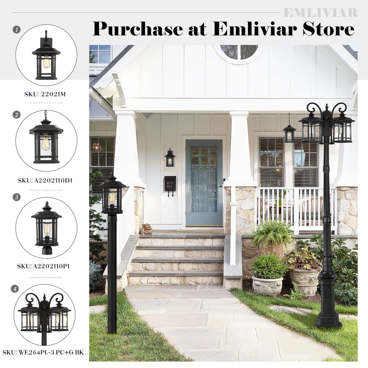 
                  
                    Emliviar Dusk to Dawn Outdoor Lamp Post Light, 3-Light Street Pole Light Fixture with GFCI Outlet, 98" Outside Post Lantern for Driveway Walkway, Aluminum with Seeded Glass, WE264PL-3 PC+G BK
                  
                