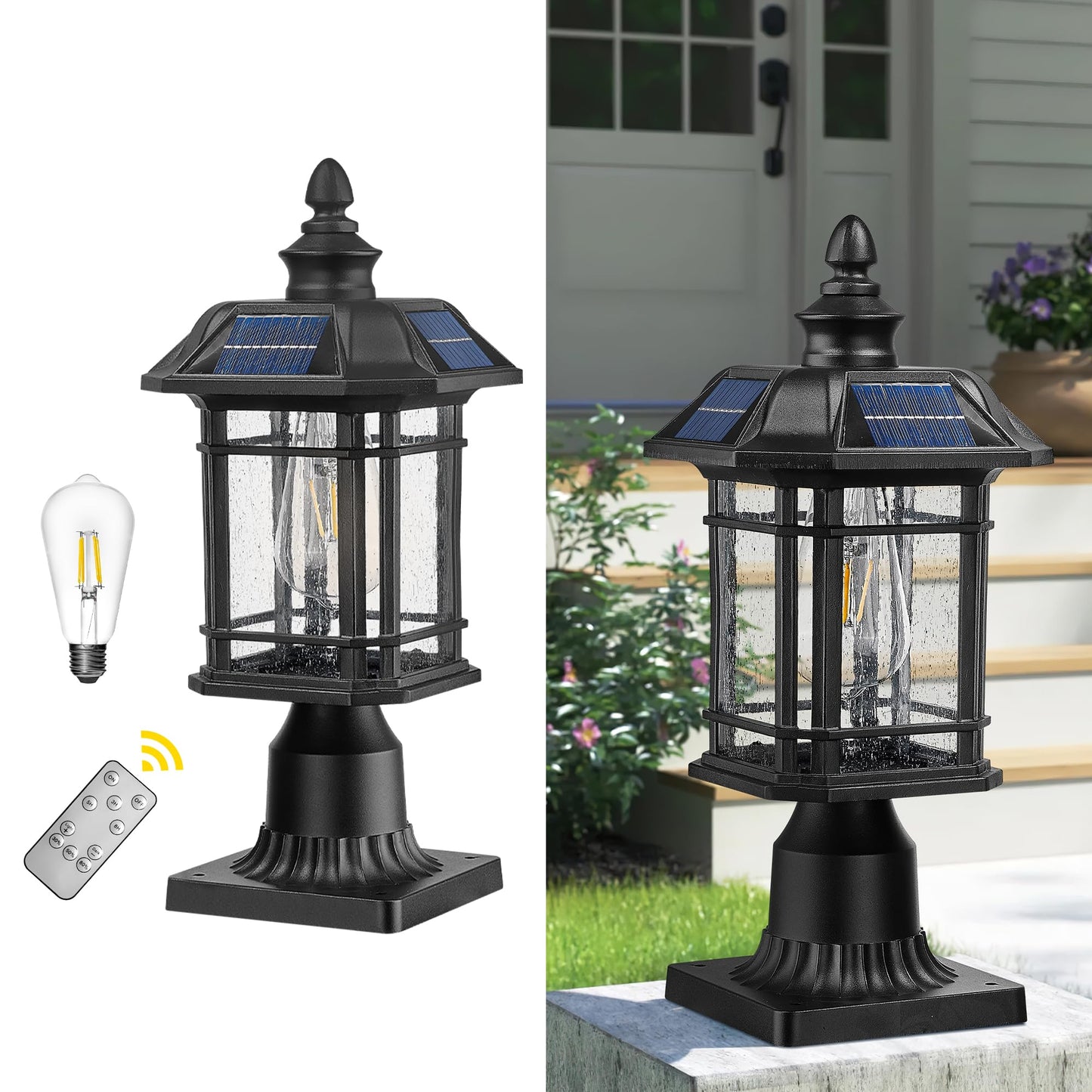 
                  
                    Emliviar 16 Inch Outdoor Solar Post Light, Dusk to Dawn Pier Mount Lamp Post Light with Remote Control, Black Finish with Seeded Glass Shade, A2202110P1-SL BK
                  
                