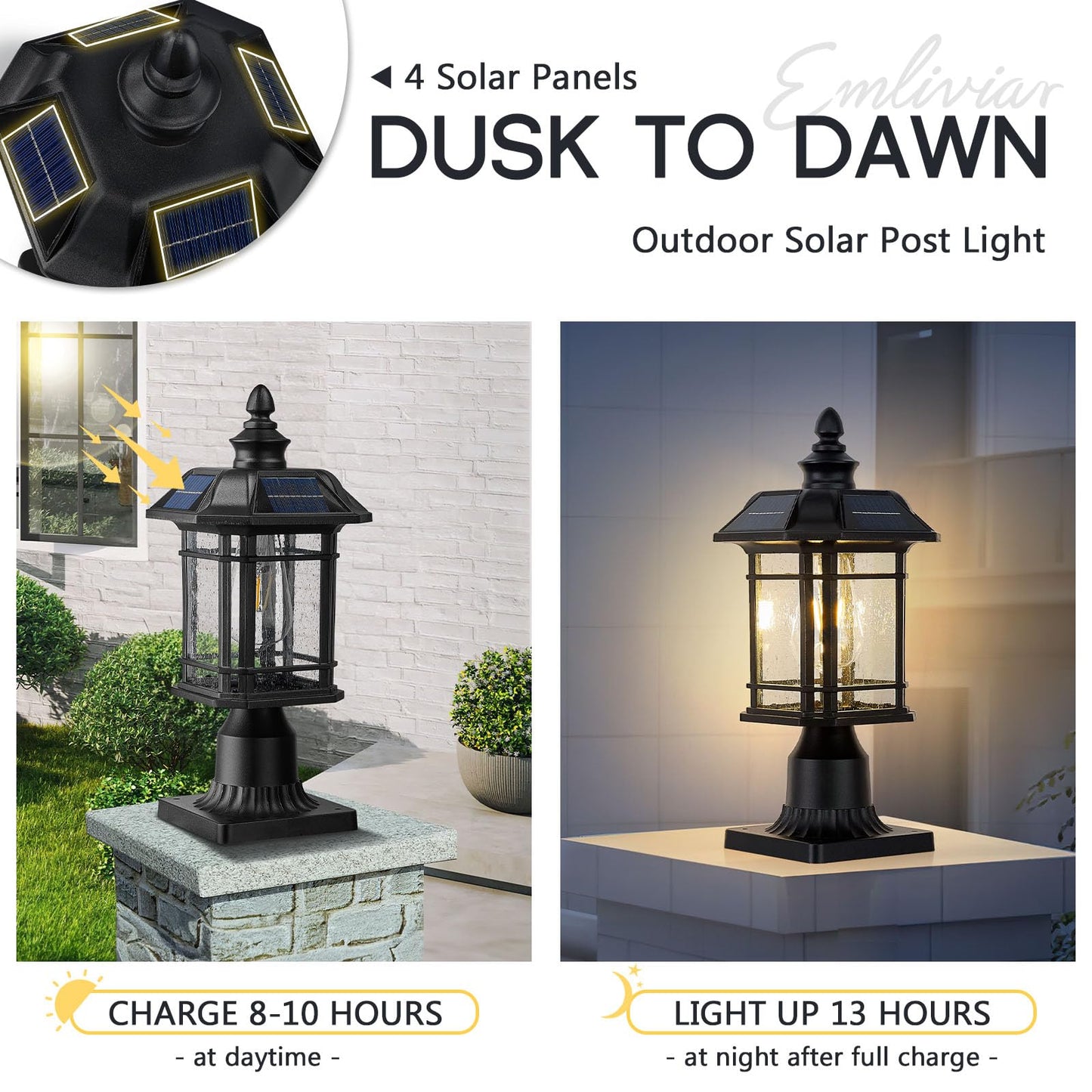 
                  
                    Emliviar 16 Inch Outdoor Solar Post Light, Dusk to Dawn Pier Mount Lamp Post Light with Remote Control, Black Finish with Seeded Glass Shade, A2202110P1-SL BK
                  
                