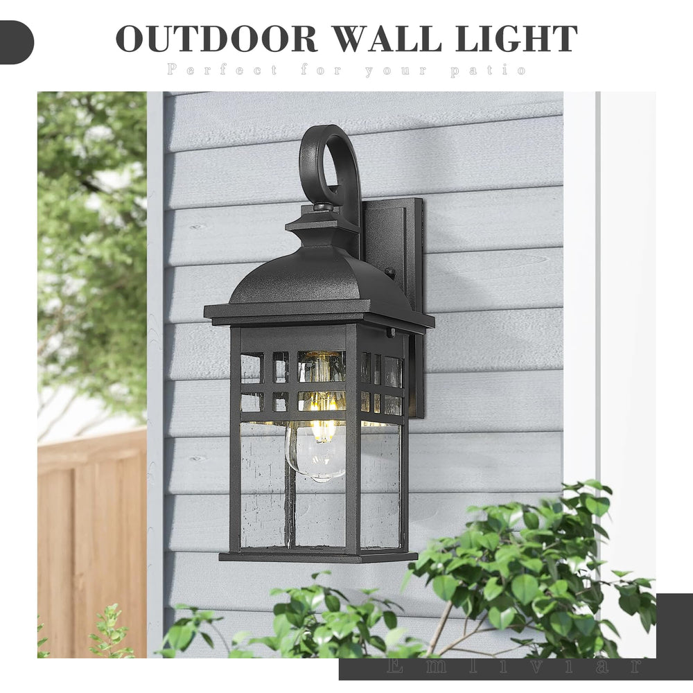 
                  
                    Emliviar 15" Height Farmhouse Outdoor Wall Light 2 Pack, 1-Light Modern Exterior Wall Light in Black Finish, Seeded Glass, DE279B-2PK BK
                  
                