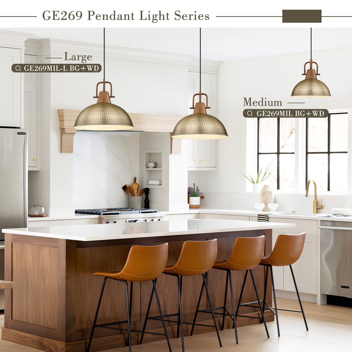
                  
                    Emliviar 2 Pack Farmhouse Hanging Lamps, 10.2" Pendant Lighting for Kitchen Island, Hammered Metal Dome with Brass Finish, GE269MIL-2 BG+WD
                  
                