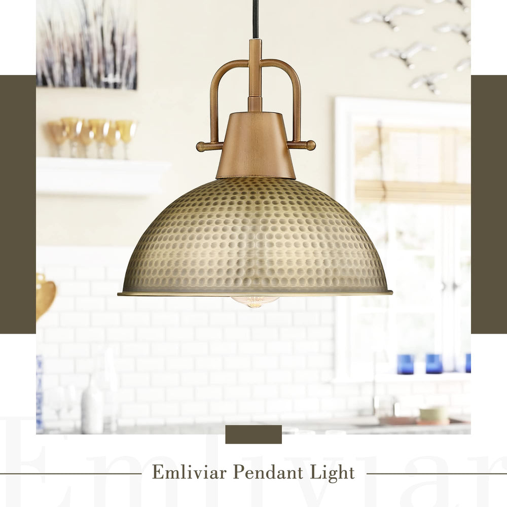
                  
                    Emliviar 1-Light Farmhouse Modern Pendant Light, 10.2 Inch Hanging Lamp for Dining Room, Hammered Metal Dome Shade in Brass Finish, GE269MIL BG+WD
                  
                