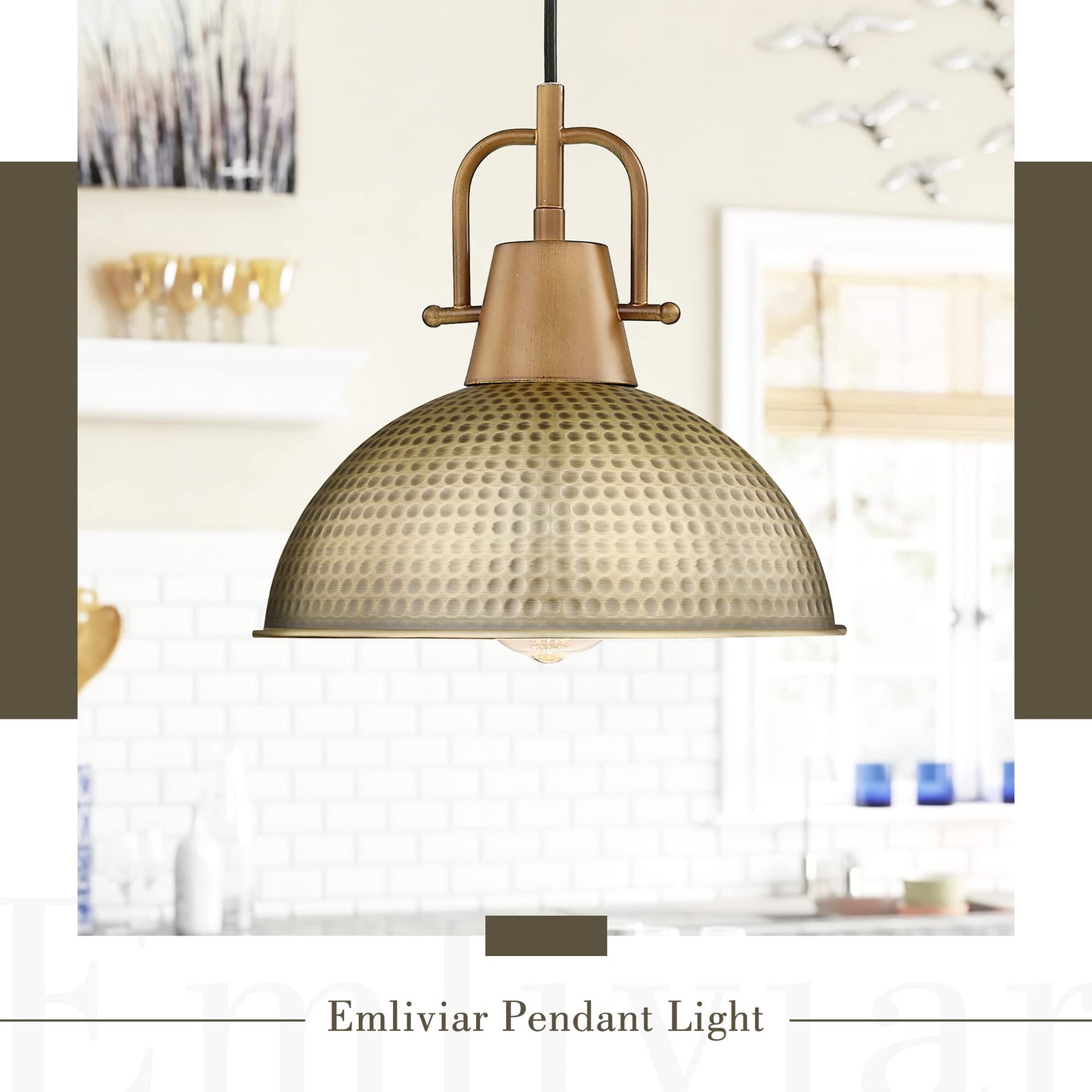 
                  
                    Emliviar 1-Light Farmhouse Modern Pendant Light, 10.2 Inch Hanging Lamp for Dining Room, Hammered Metal Dome Shade in Brass Finish, GE269MIL BG+WD
                  
                
