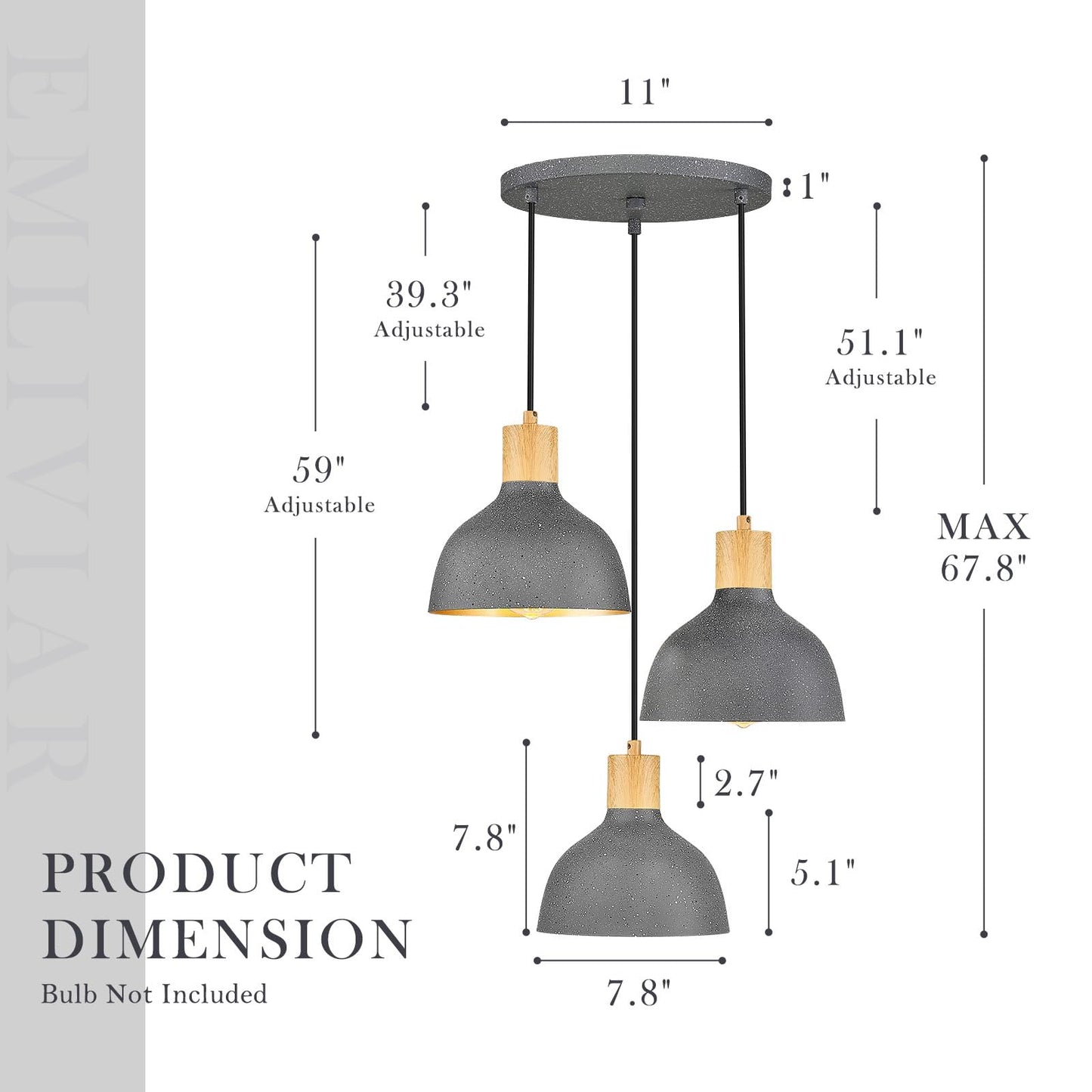 
                  
                    Emliviar 3-Light Cluster Pendant Light, Adjustable Hanging Ceiling Light with Metal Dome Shade for Kitchen Dining Room, Natural Stone Finish, GE273P-3 Grey
                  
                