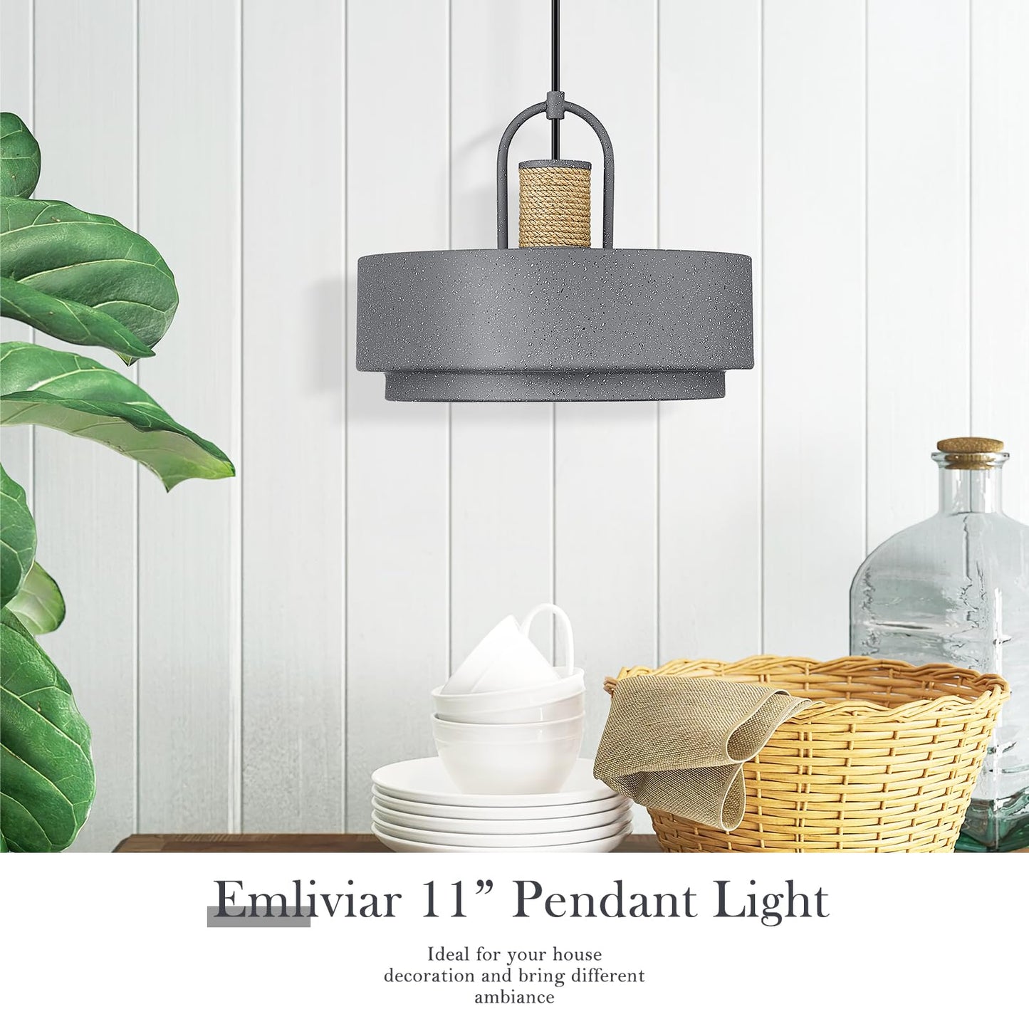 
                  
                    Emliviar 1-Light Industrial Pendant Light, 11 Inch Modern Hanging Light for Kitchen Barn, Metal Lampshade in Natural Stone Finish, GE275MIL Grey
                  
                