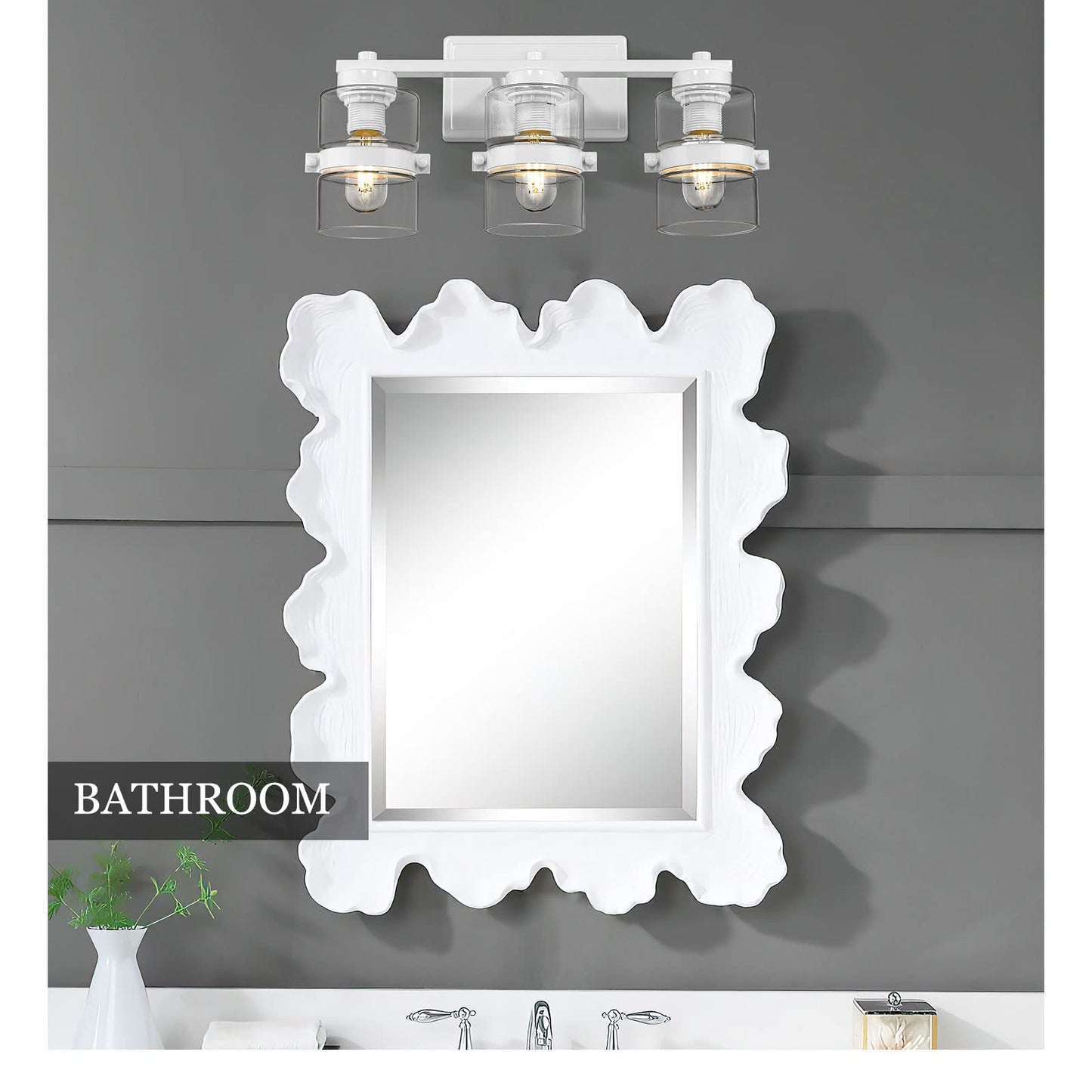 
                  
                    Emliviar 3-Light Modern Bathroom Light Fixtures with Clear Glass, Industrial Vanity Light Fixtures Over Mirror, White Finish, JE258B-3W WH
                  
                