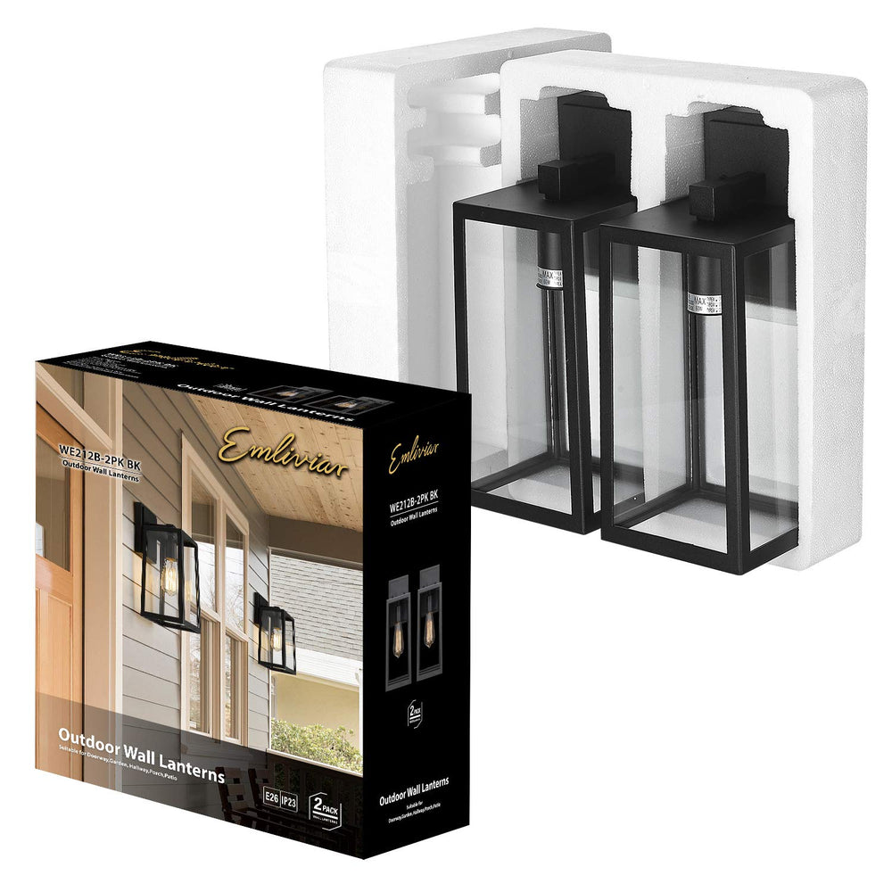 
                  
                    Emliviar 2 Pack Outdoor Wall Light Fixtures, Outside Wall Lights for House, Black Finish with Clear Glass,WE212B-2PK BK
                  
                
