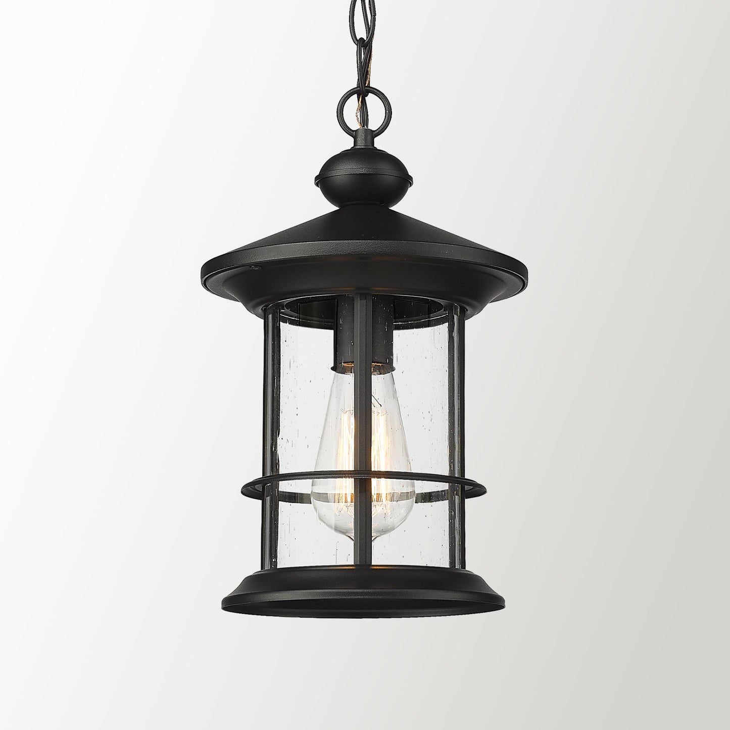 
                  
                    Emliviar Modern Industrial Outdoor Pendant Light for Porch, 13 Inch Exterior Hanging Light Fixture, Seeded Glass Shade in Black Finish, WE248H BK
                  
                