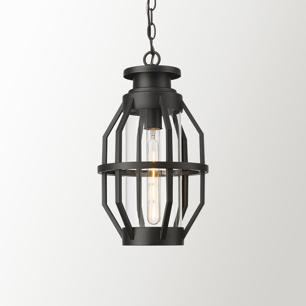 Emliviar Modern Farmhouse Outdoor Hanging Light, 16 Inch Front Porch Pendant Light with Clear Glass, Black Finish, WE274H-M BK