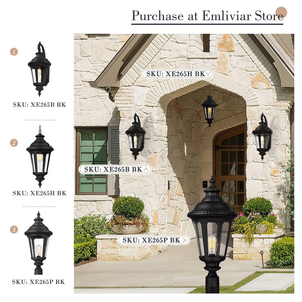 
                  
                    Emliviar Large Outdoor Wall Light Fixtures for Porch, Outdoor Carriage Light with Seeded Glass, Black Finish, XE265B BK
                  
                