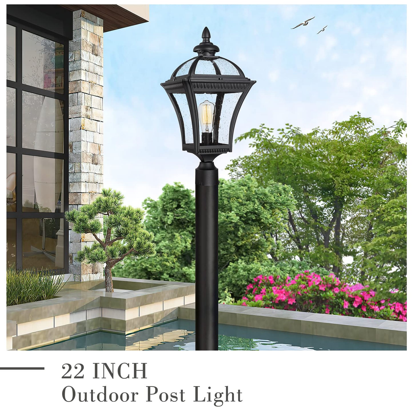 
                  
                    Emliviar 22 Inch Outdoor Post Light, Farmhouse Vintage Outside Pole Light for Yard, Aluminum with Seeded Glass, Black Finish, XE266P BK
                  
                