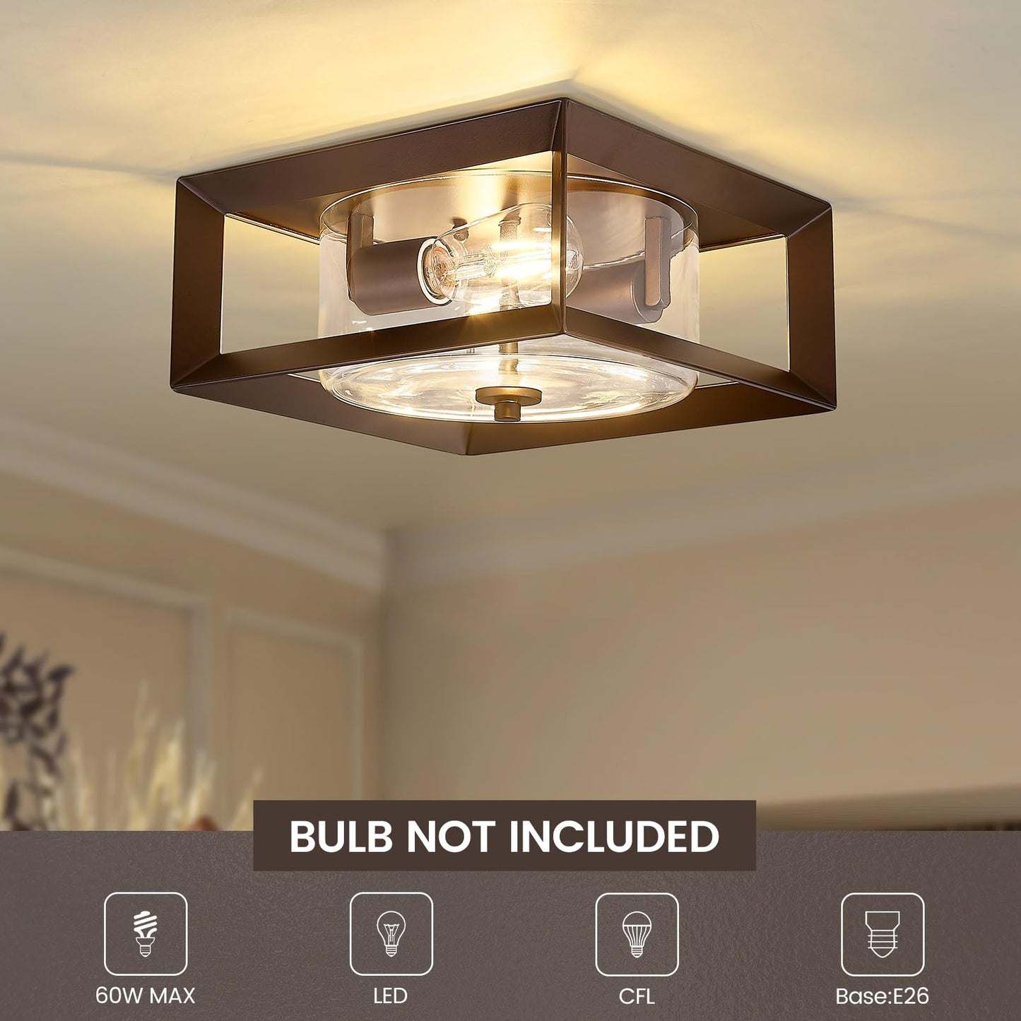 
                  
                    Emliviar Flush Mount Ceiling Light for Bedroom, Kitchen, Square Cage Ceiling Lamp with Clear Glass, Oil Rubbed Bronze Finish, YE277F ORB
                  
                