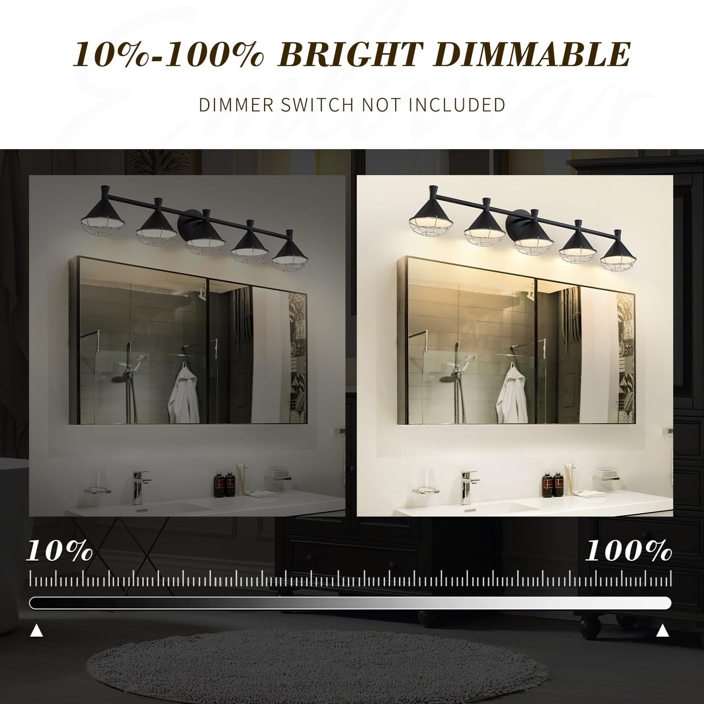
                  
                    Emliviar 5-Light Farmhouse Vanity Light, 40.6" Dimmable Wall Sconce Light for Bathroom, Adjustable 5CCT 3000K/3500K/4000K/5000K/6000K, 25W LED 2000LM Brightness, YSE278B-LED-5W BK
                  
                