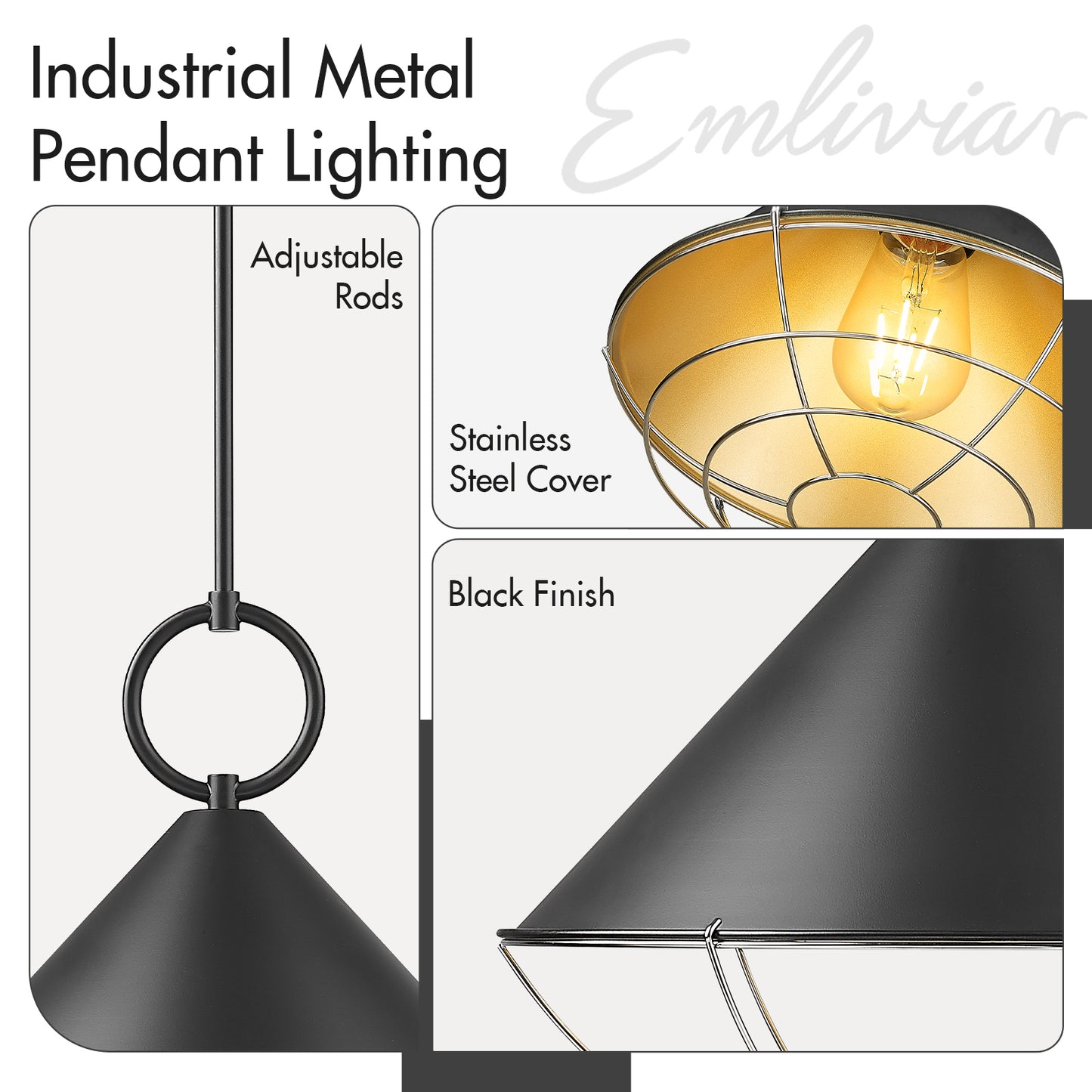 
                  
                    Emliviar 1-Light Pendant Lights Kitchen Island, 12.3 Inch Hanging Lights for Bedroom, Adjustable Rods with Metal Cone Lampshade, YSE278MIL-M BK
                  
                