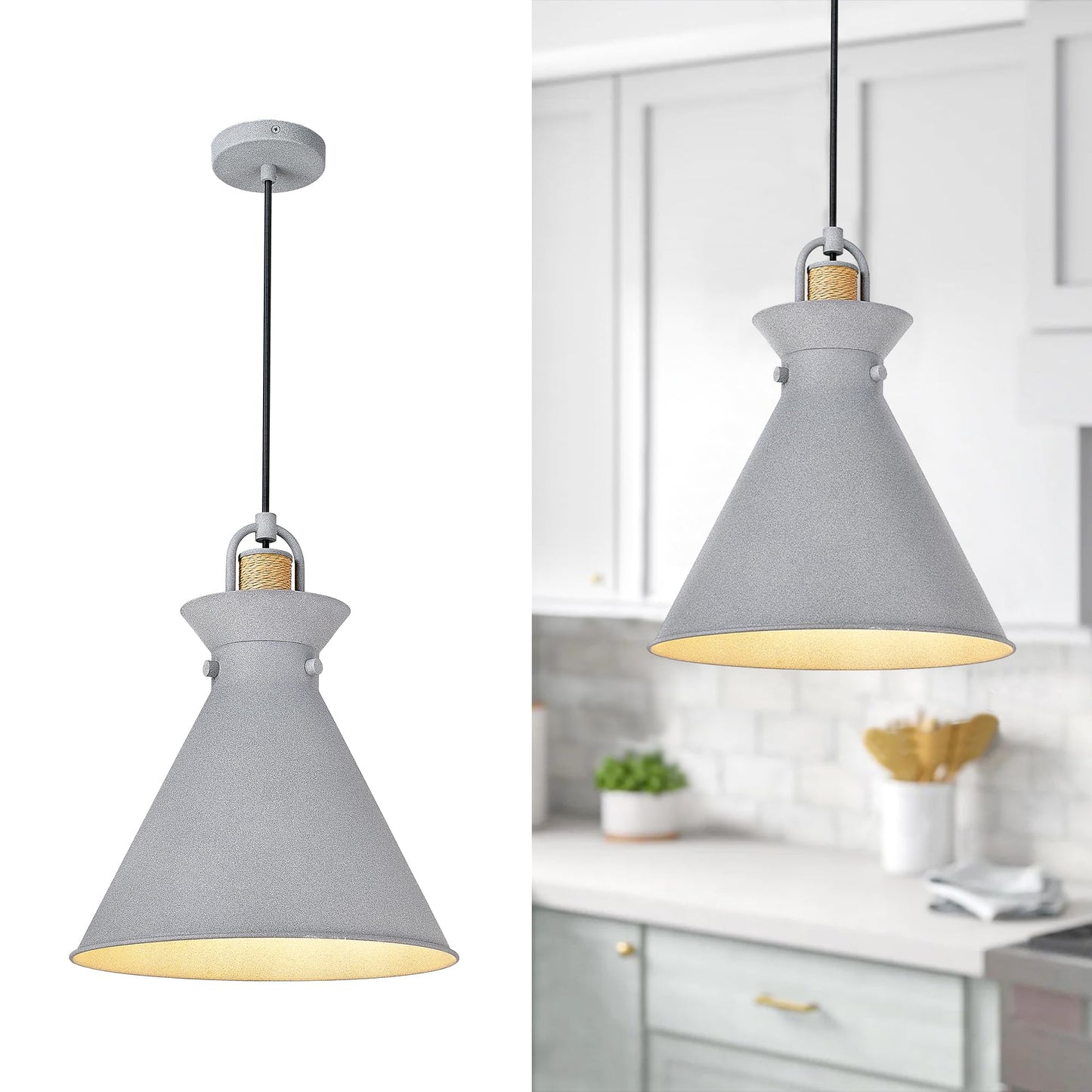 
                  
                    Emliviar 1-Pack Hanging Lamp, Industrial Vintage Pendant Lighting for Kitchen Island 14 Inch, Adjustable Cord with Cone Metal Lampshade, YSE2MIL-M Grey
                  
                