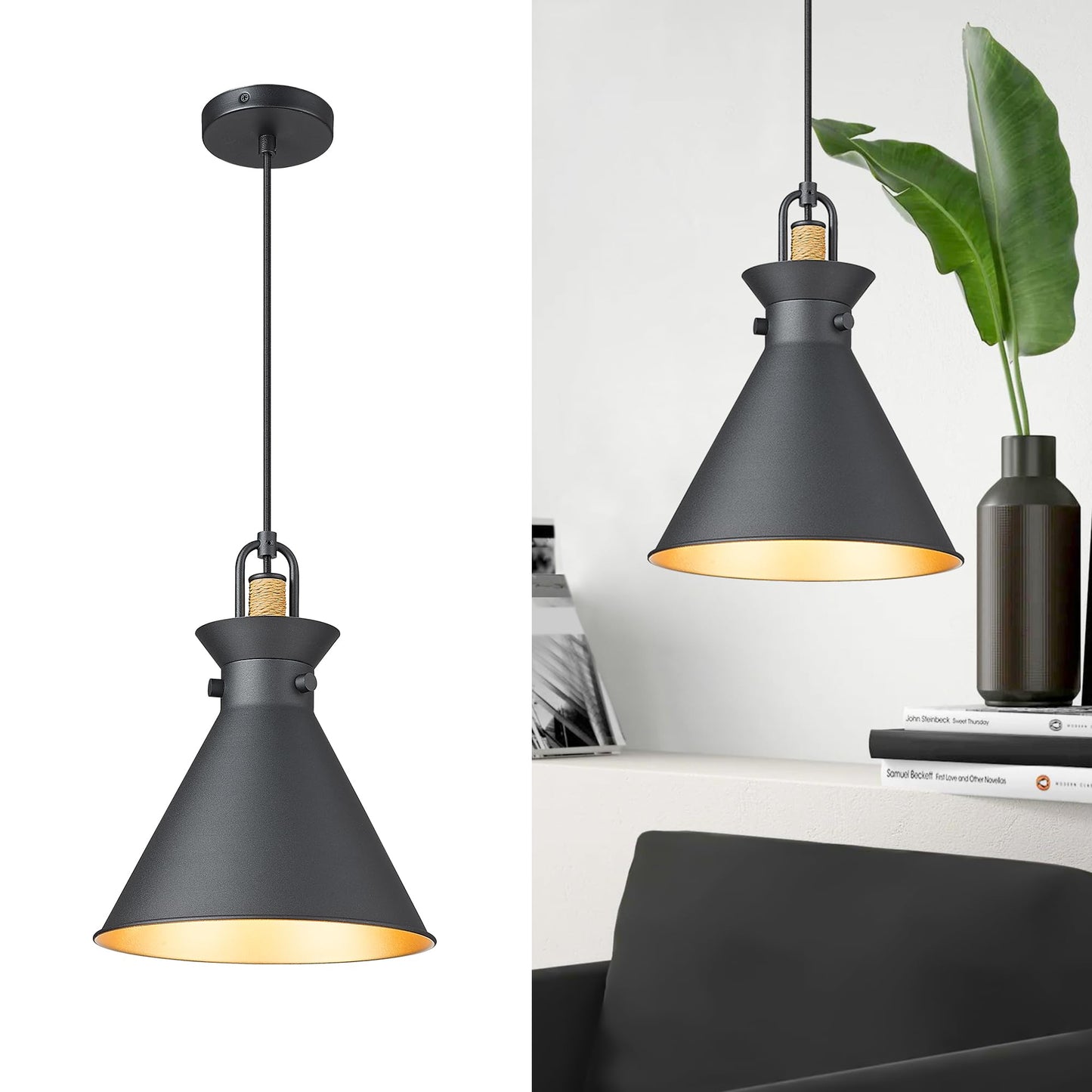
                  
                    Emliviar 1-Light Hanging Lamp for Bedroom 10.5 Inch, Industrial Pendant Lights Kitchen Island in Black Finish, Dome Metal Lampshade, YSE2MIL BK
                  
                