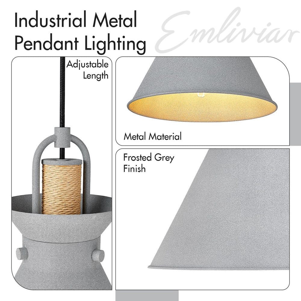 
                  
                    Emliviar Pendant Light Fixtures 10.5", 1-Light Industrial Adjustable Hanging Lamp for Kitchen Bedroom, Metal Cone lampshade in Frosted Grey Finish, YSE2MIL Grey
                  
                