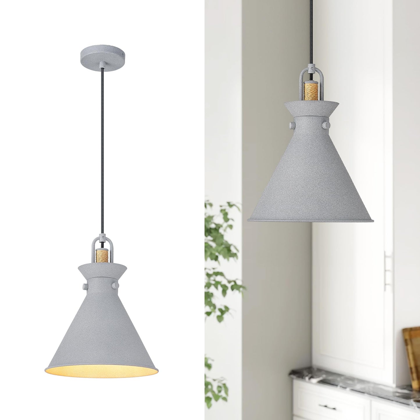 
                  
                    Emliviar Pendant Light Fixtures 10.5", 1-Light Industrial Adjustable Hanging Lamp for Kitchen Bedroom, Metal Cone lampshade in Frosted Grey Finish, YSE2MIL Grey
                  
                