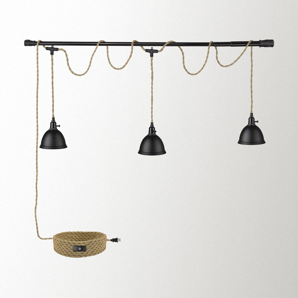 Emliviar Triple Pendant Light with Plug in Cord - 29FT Industrial Hanging Lamp with Twisted Hemp Rope Independent Switch, Black Finish, YCE240-3 BK