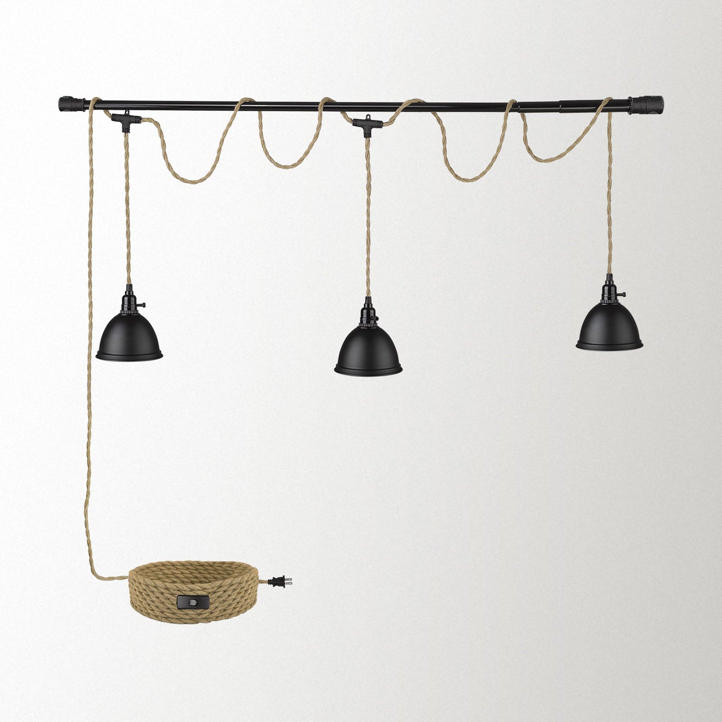 
                  
                    Emliviar Triple Pendant Light with Plug in Cord - 29FT Industrial Hanging Lamp with Twisted Hemp Rope Independent Switch, Black Finish, YCE240-3 BK
                  
                