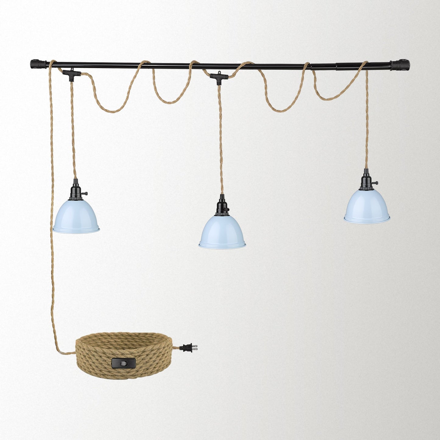 
                  
                    Emliviar Triple Pendant Light with Plug in Cord - 29FT Industrial Hanging Lamp with Twisted Hemp Rope Independent Switch, Black Finish, YCE240-3 BK
                  
                