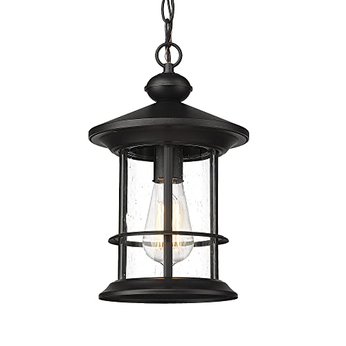 Emliviar Modern Industrial Outdoor Pendant Light for Porch, 13 Inch Exterior Hanging Light Fixture, Seeded Glass Shade in Black Finish, WE248H BK