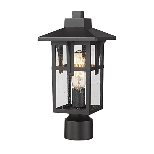 HWH Exterior Post Light Outdoor Pole Lantern Pillar Light Fixture with Seeded Glass Shade, Matte Black Finish, 5HX62P BK