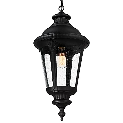 
                  
                    Emliviar Vintage Outdoor Pendant Light, 25 Inch Large Outdoor Hanging Light with Seeded Glass, Black Finish, XE265H BK
                  
                